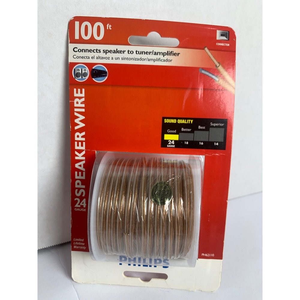 Philips 100ft Speaker Wire 24 Gauge‎ Clear Audio Cable PH62110 New Spool